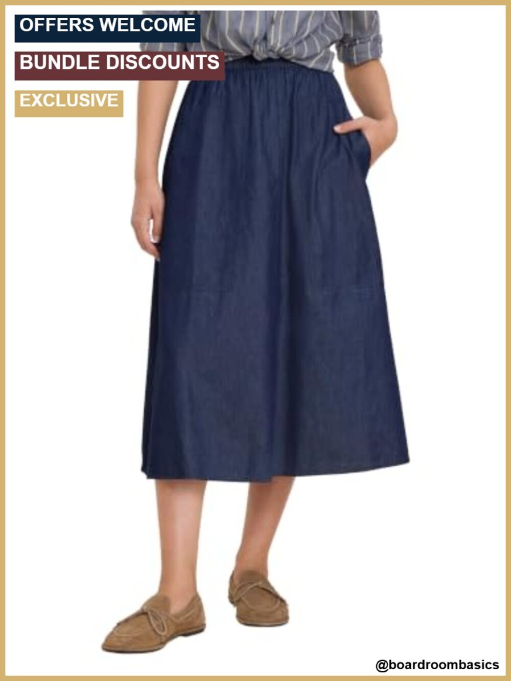 Drapey Denim Cargo Midi Skirt Pull On Elastic Waist Patch Pockets